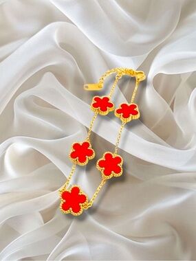 Gold Bracelet with Red Clover Motifs - Women Jewelry